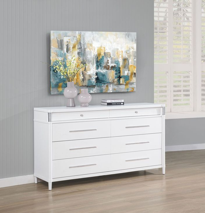 white eight drawer dresser Bonanza 8 Triple Elongated brushed nickel pulls and vertical tube accents create visual interest while enhancing the dressers clean structure Coastal Eight Drawer Dresser -