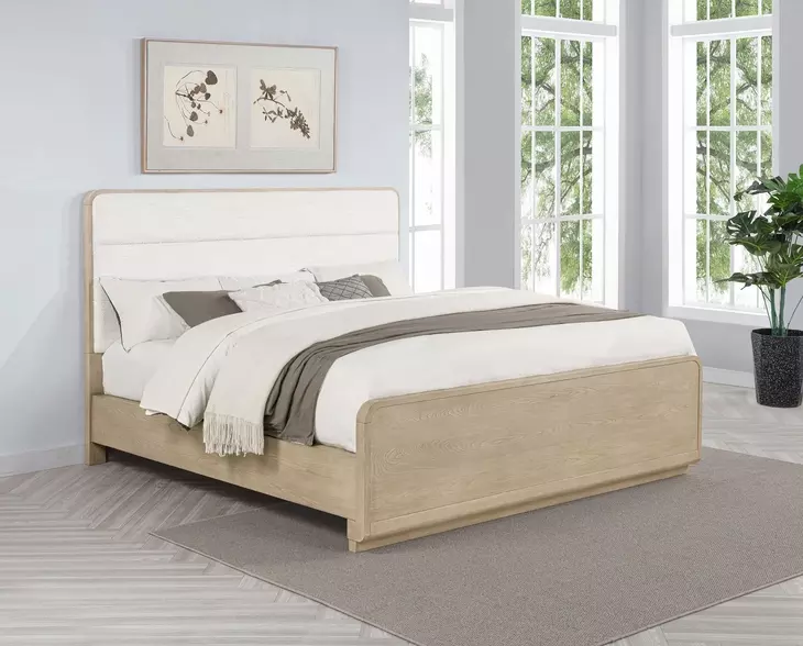 Ladera Light Elm and Cream California King Upholstered Panel Bed