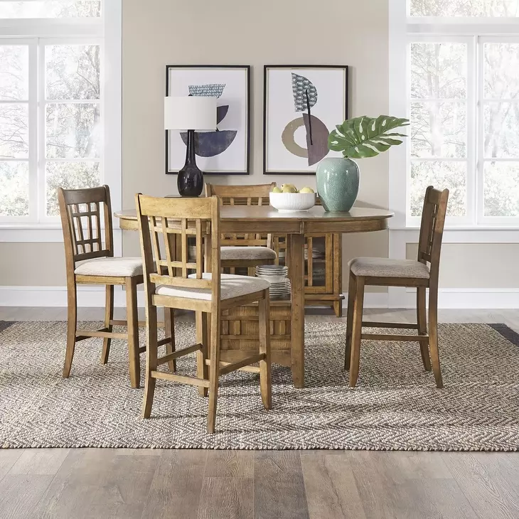 Santa Clara Antique Honey and Textured Linen Upholstered 5 Piece Extendable Pub Set