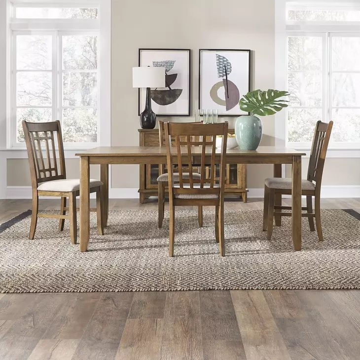 Santa Clara Antique Honey and Textured Linen Upholstered 5 Piece Extendable Rectangular Dining Set