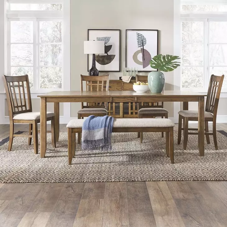 Santa Clara Antique Honey and Textured Linen Upholstered 6 Piece Extendable Rectangular Dining Set