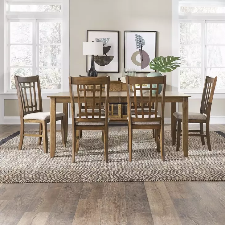 Santa Clara Antique Honey and Textured Linen Upholstered 7 Piece Extendable Rectangular Dining Set