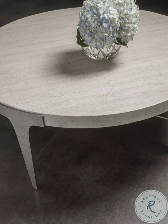 Signature Designs White Travertine And Ribbed Silver Leaf Cachet Round Cocktail Table