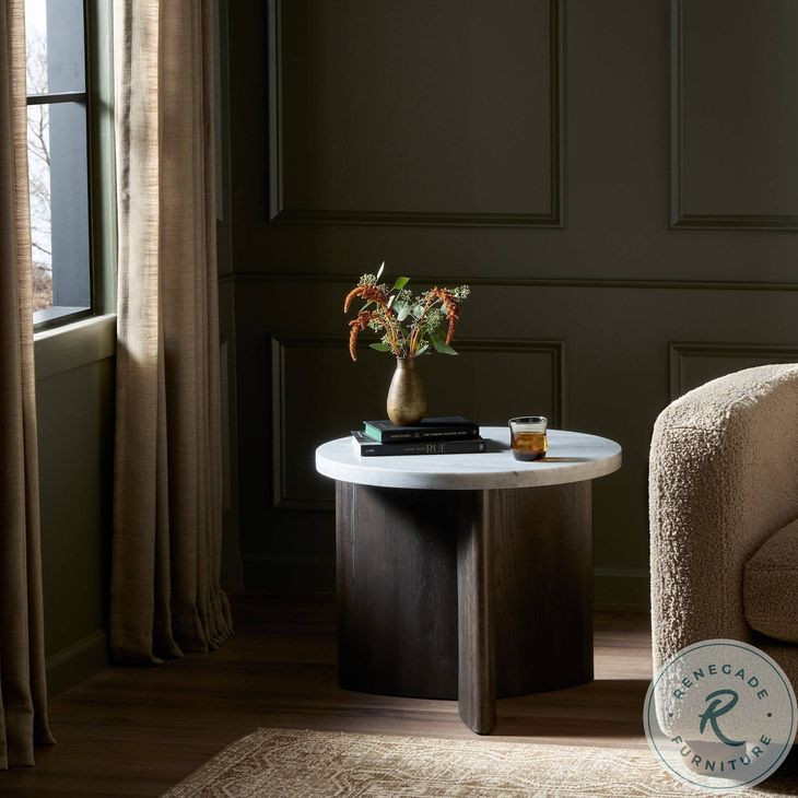 Toli Italian White Marble and Smoked Black Veneer Round End Table