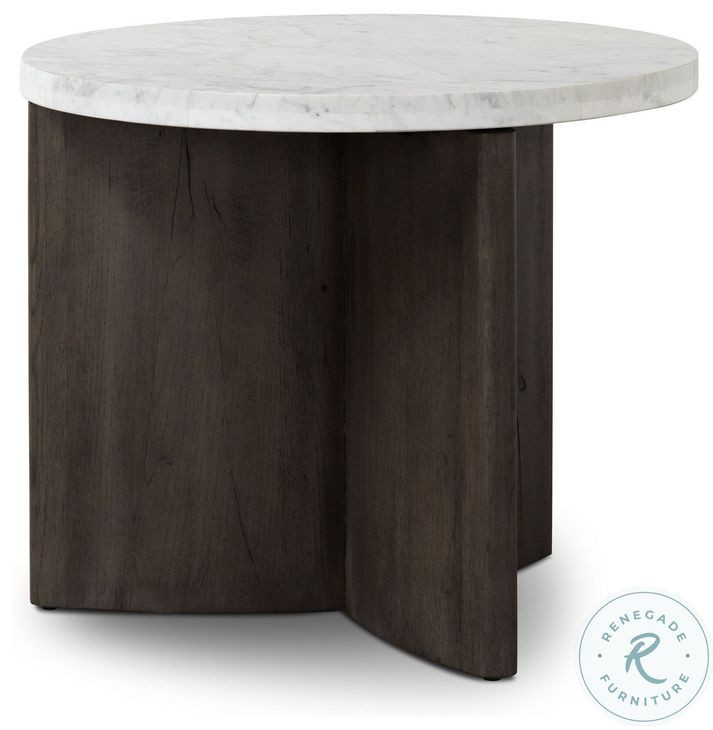 Toli Italian White Marble and Smoked Black Veneer Round End Table