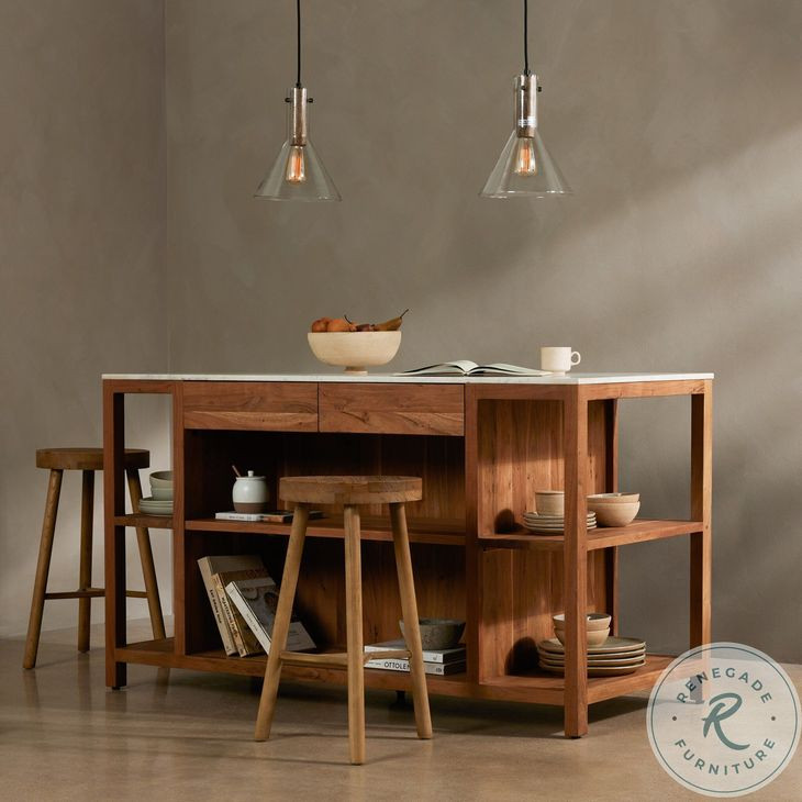 Indira Smoked Acacia And White Marble Kitchen Island