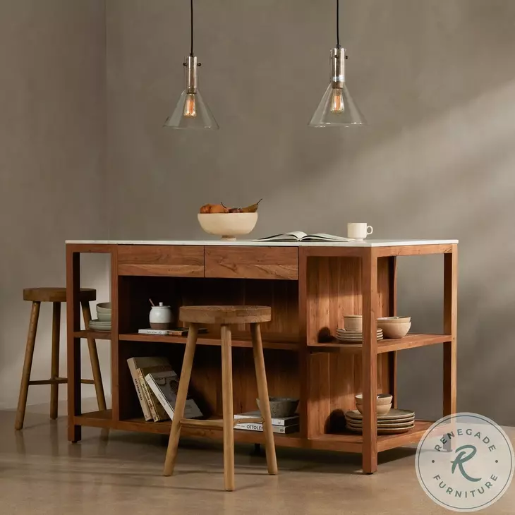 Indira Smoked Acacia And White Marble Kitchen Island