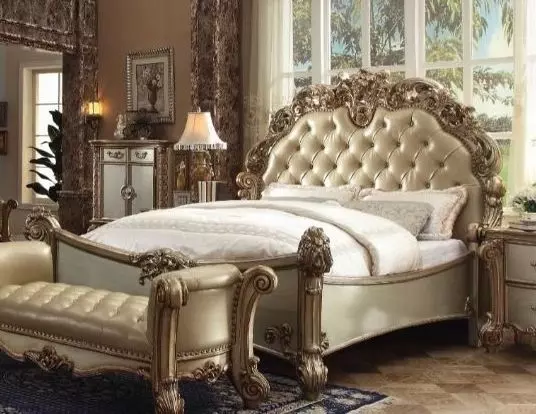 Vendome Brass and Gold Patina California King Upholstered Panel Bed with Nailhead Trim
