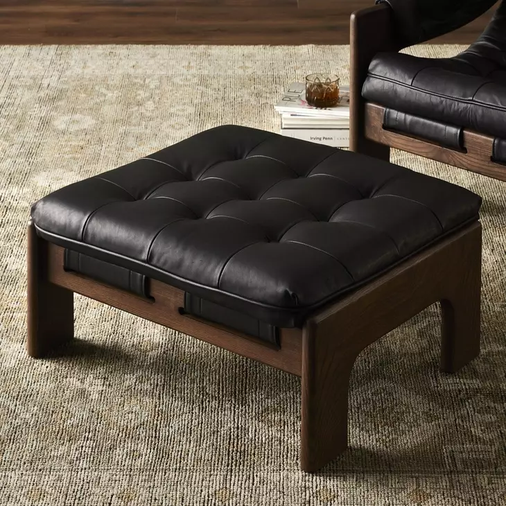 Halston Heirloom Black Leather Ottoman