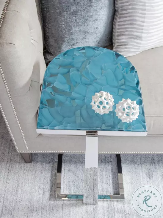 Signature Designs Aquamarine And Polished Stainless Steel Placido Spot Table