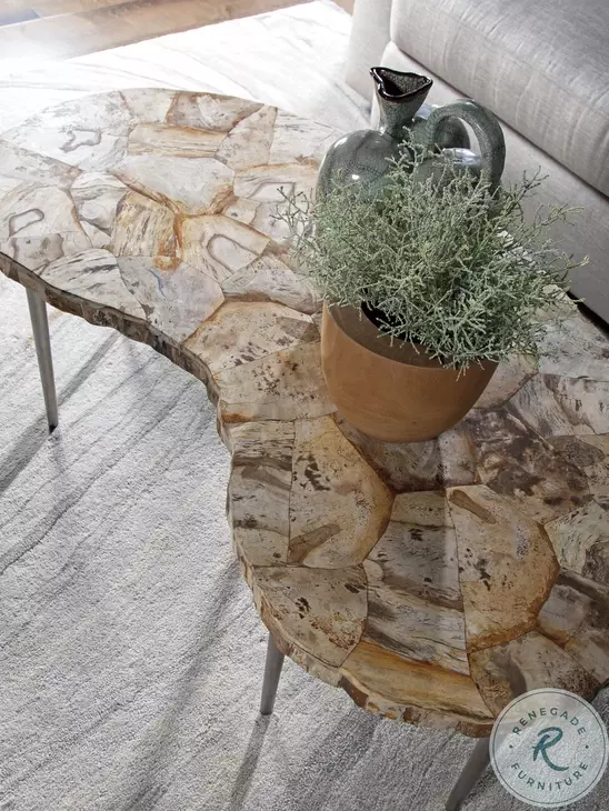 Signature Designs Fossilized Shell And Silver Caldera Kidney Cocktail Table