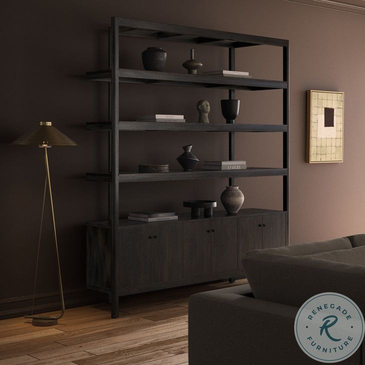 Reza Worn Black Parawood Wide Bookcase