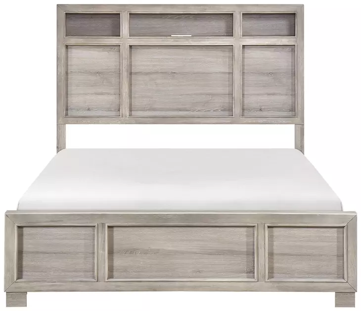 Everett Melamine Gray Queen Storage Panel Bed with USB Charging and LED