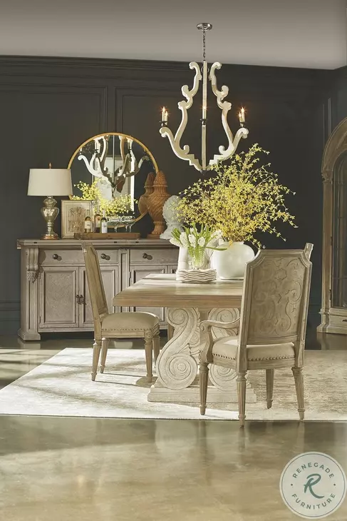 Arch Salvage Parchment And Cirrus Extendable Rectangular Pedestal Dining Room Set