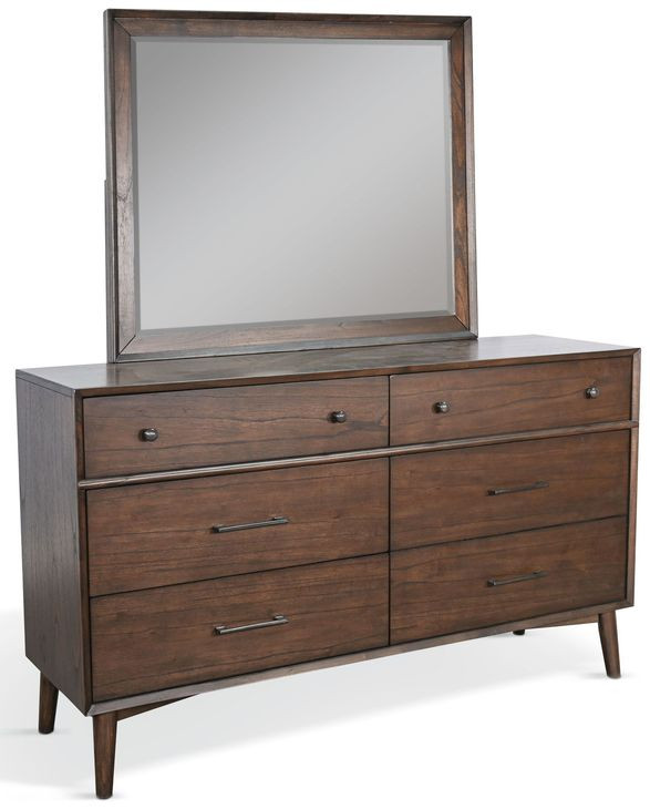 American Modern Walnut 6 Drawer Dresser with Rectangular Mirror