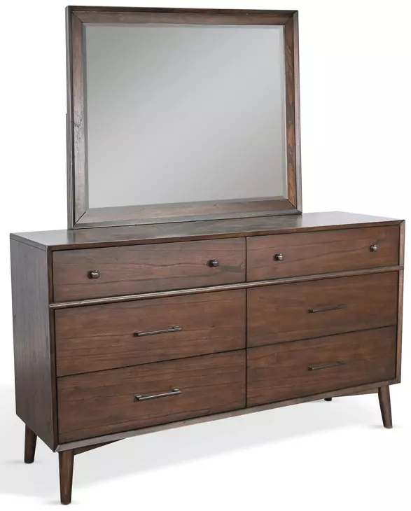 American Modern Walnut 6 Drawer Dresser with Rectangular Mirror