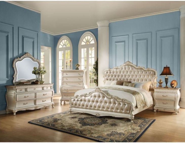Chantelle Rose Gold and Pearl White Upholstered Panel Bedroom Set
