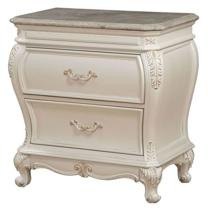 Chantelle Pearl White 2 Drawer Marble Top Nightstand