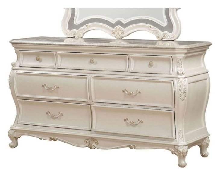Chantelle Pearl White 7 Drawer Marble Top Dresser