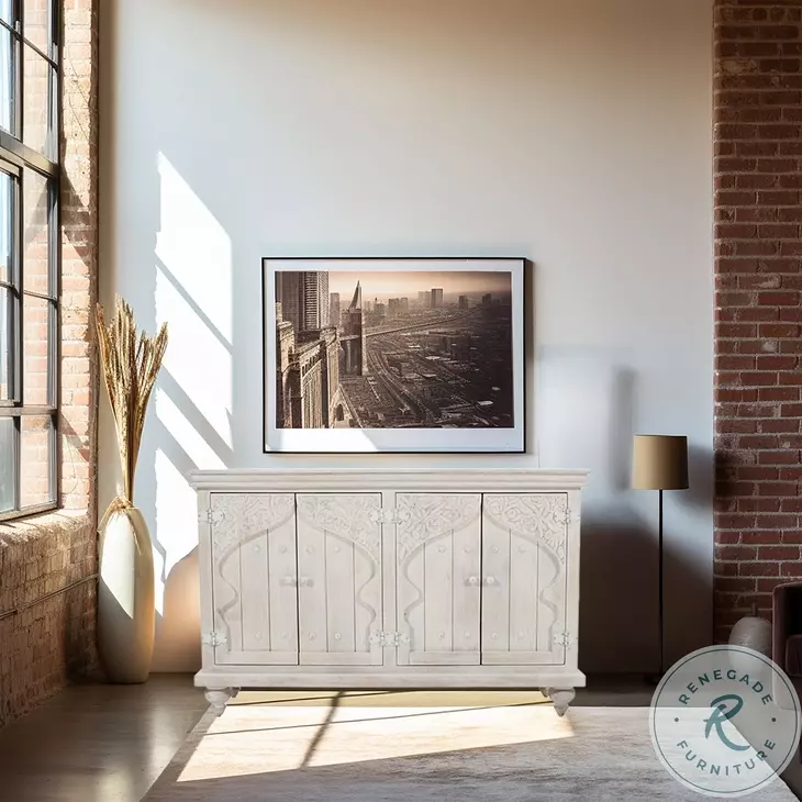 Taj White Wash 4 Door Sideboard Cabinet