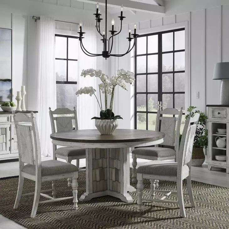 River Place Riverstone White and Tobacco Upholstered 5 Piece Pedestal Base Dining Set