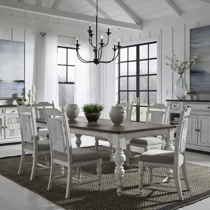 River Place Riverstone White and Tobacco Upholstered 7 Piece Extendable Rectangular Dining Set