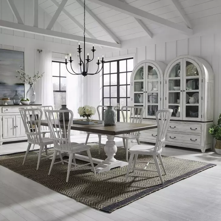 River Place Riverstone White and Tobacco 7 Piece Extendable Trestle Base Dining Set