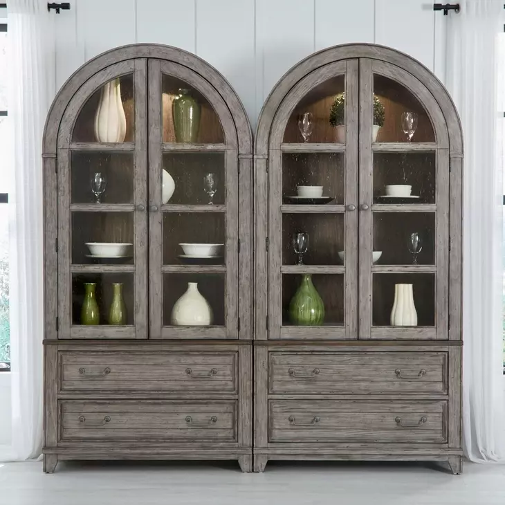 River Place Riverstone Gray and Tobacco 2 Glass Door Bunching Curio with LED Set of 2