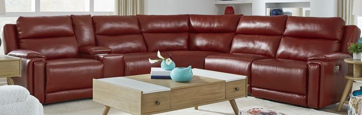 Country Club Crimson Leather 6 Piece Modular Power Reclining Sectional with USB Charging