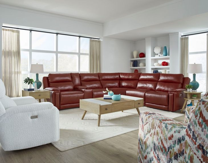 Country Club Crimson Leather 6 Piece Modular Power Reclining Sectional with USB Charging
