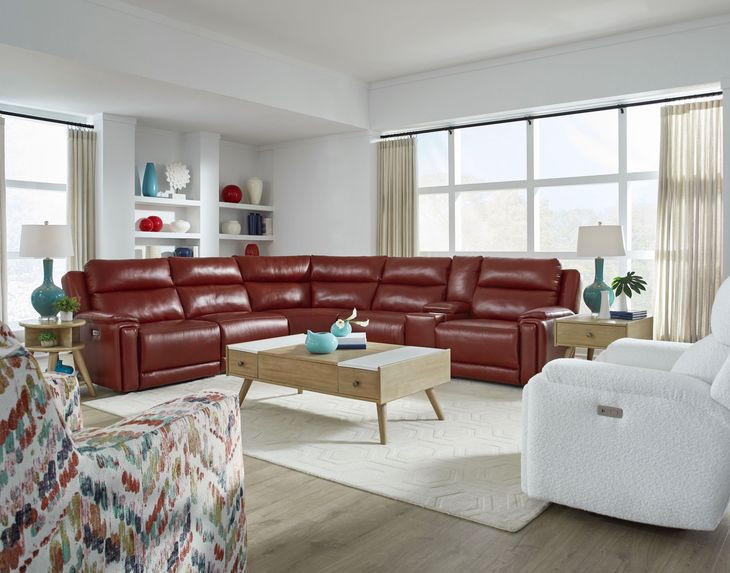 Country Club Crimson Leather Modular Power Reclining Sectional with USB Charging