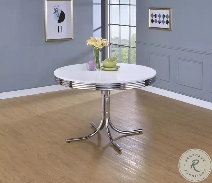 Retro Glossy White and Chrome Round Dining Table