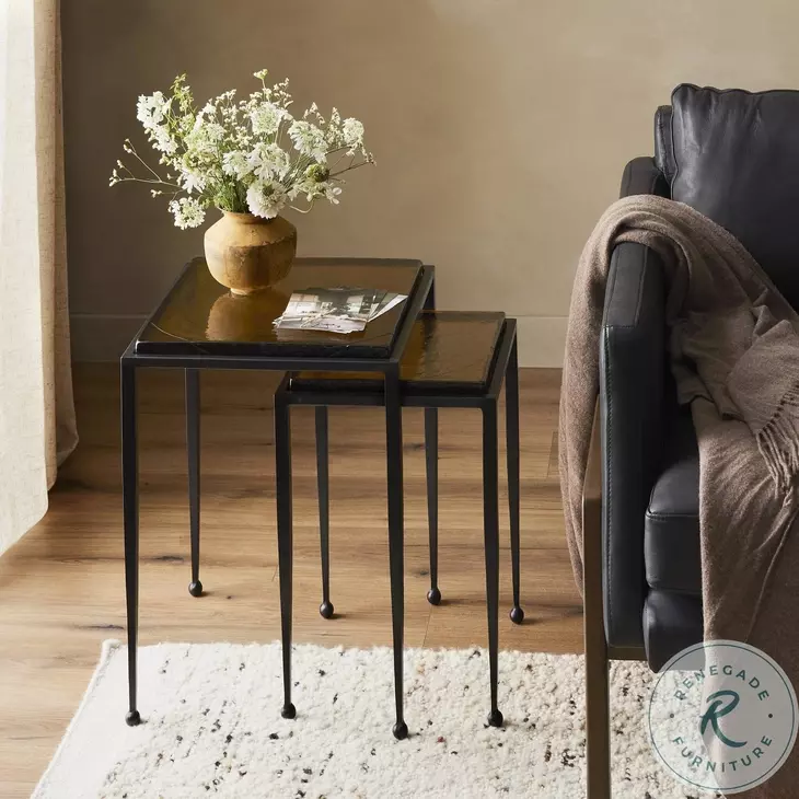 Dalston Amber Cast Glass Round Nesting End Table Set