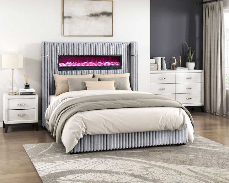 Fitzroy Gray California King Upholstered Low Profile Bed with Electric Fireplace