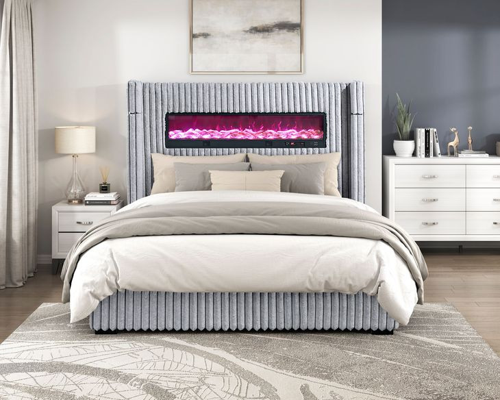 Fitzroy Gray California King Upholstered Low Profile Bed with Electric Fireplace