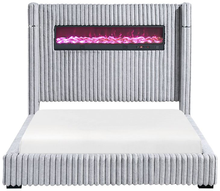 Fitzroy Gray California King Upholstered Low Profile Bed with Electric Fireplace