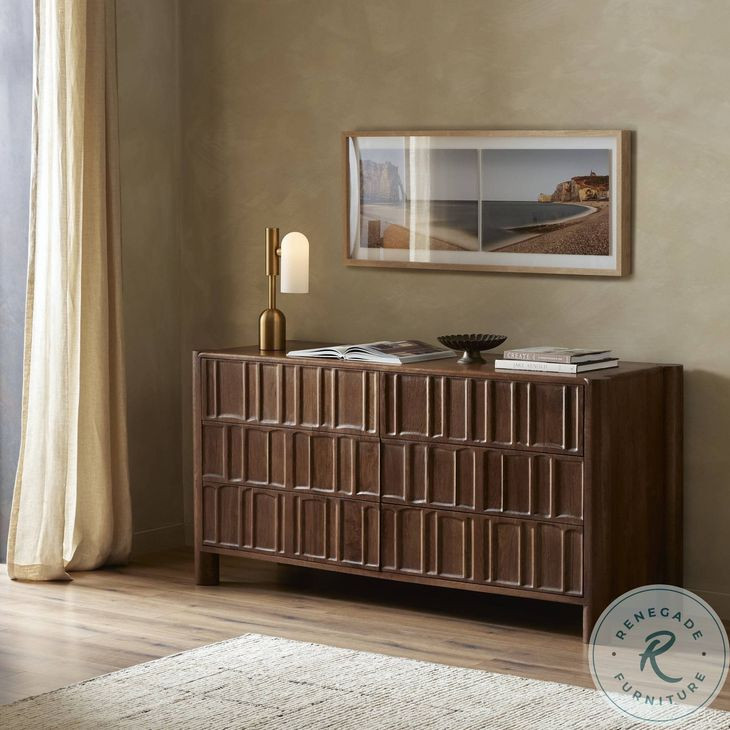 Ezri Carved Cocoa Oak 6 Drawer Dresser