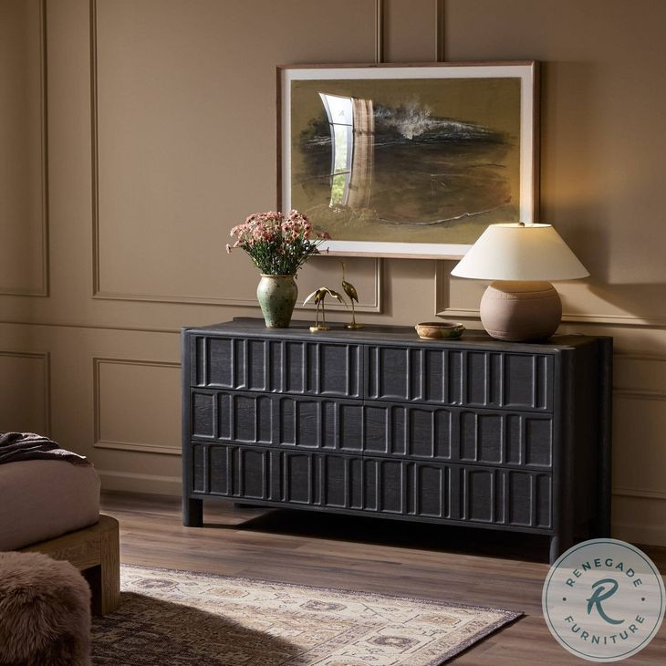 Ezri Carved Black Oak 6 Drawer Dresser