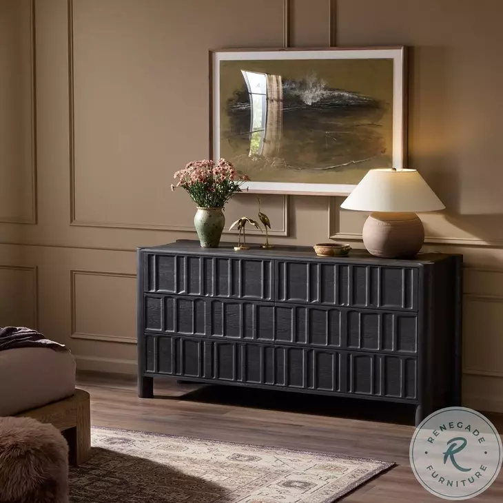 Ezri Carved Black Oak 6 Drawer Dresser