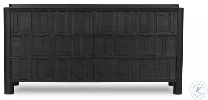 Ezri Carved Black Oak 6 Drawer Dresser