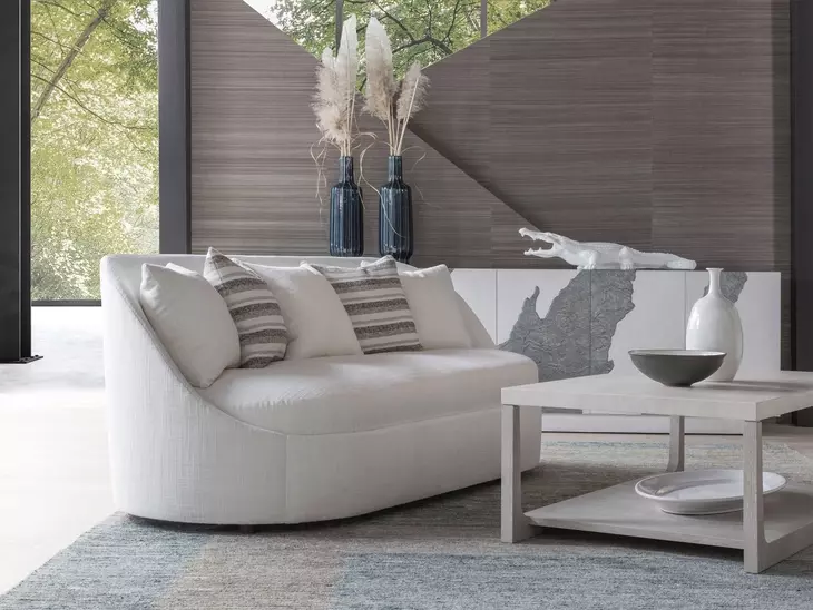 Genevieve Ivory Bench Seat 87" Sofa with Ivory and Stripes Pillows
