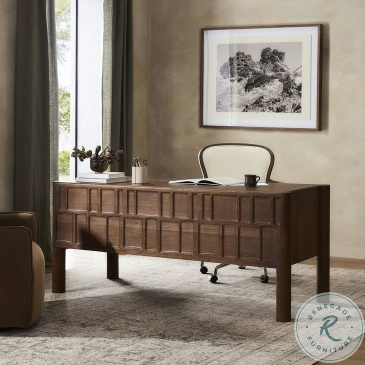 Ezri Carved Cocoa Oak 71" Drawer Desk