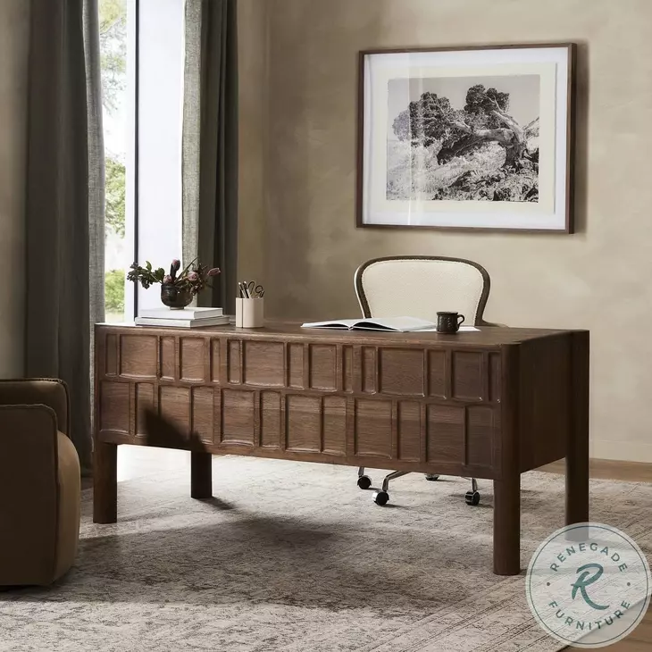 Ezri Carved Cocoa Oak 71" Drawer Desk