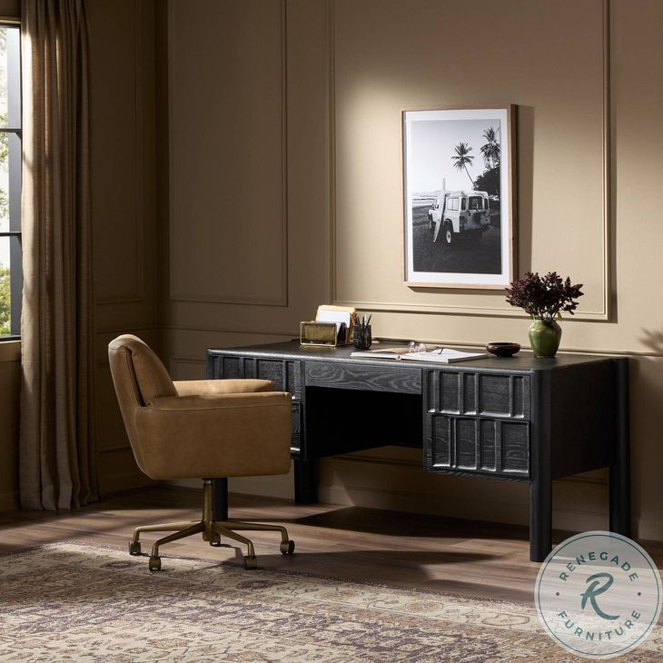 Ezri Carved Black Oak 71" Drawer Desk