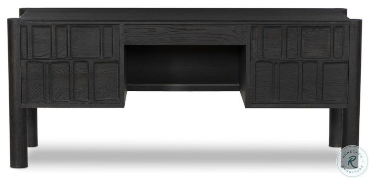 Ezri Carved Black Oak 71" Drawer Desk