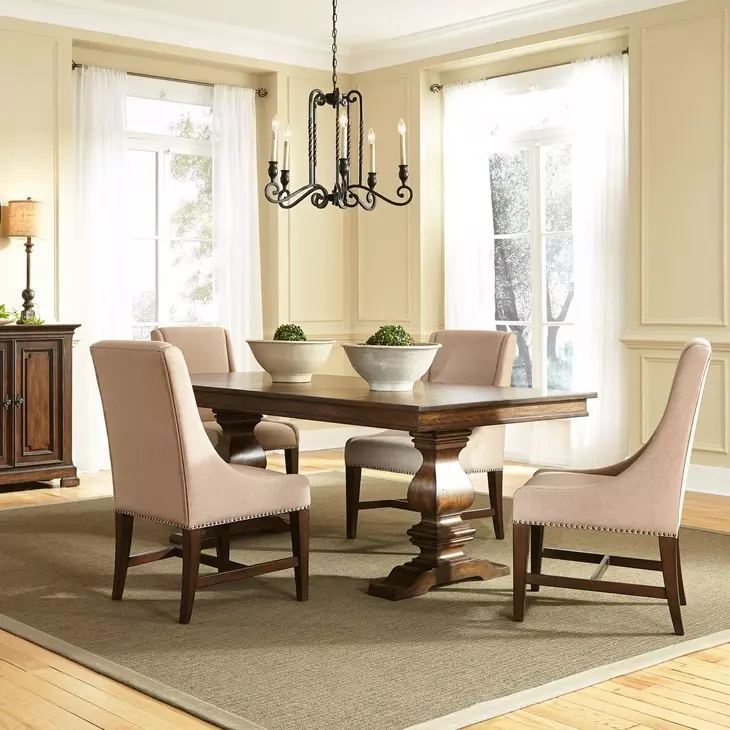 Armand Antique Brownstone and Beige Upholstered 5 Piece Extendable Dining Set with Nailhead Trim