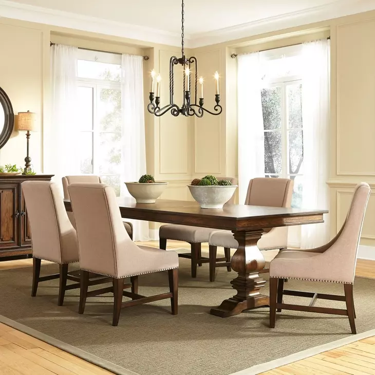 Armand Antique Brownstone and Beige Upholstered 7 Piece Extendable Dining Set with Nailhead Trim