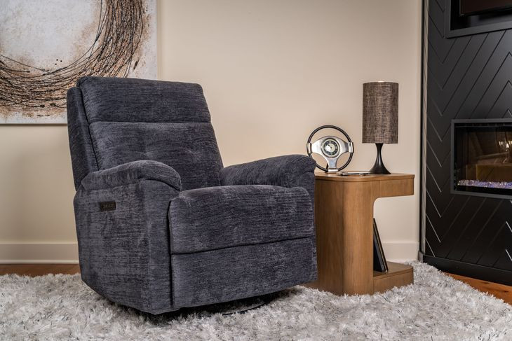 Sophisticated Steel Performance Fabric Swivel Gliding Power Recliner with Power Lumbar and USB Charging