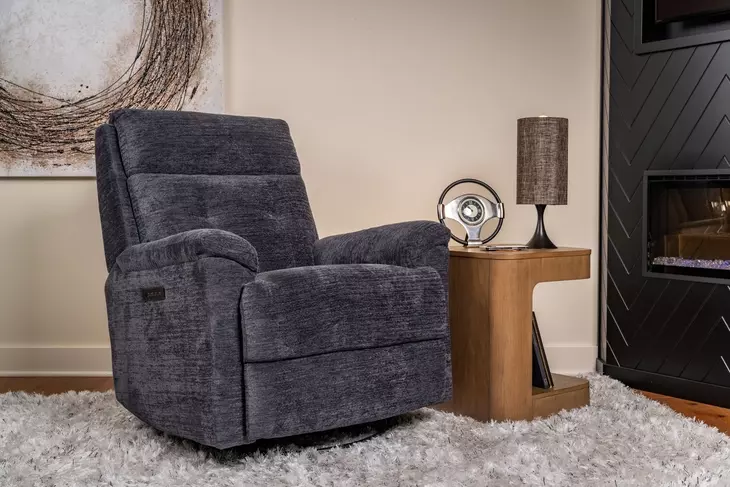 Sophisticated Steel Performance Fabric Swivel Gliding Power Recliner with Power Lumbar and USB Charging