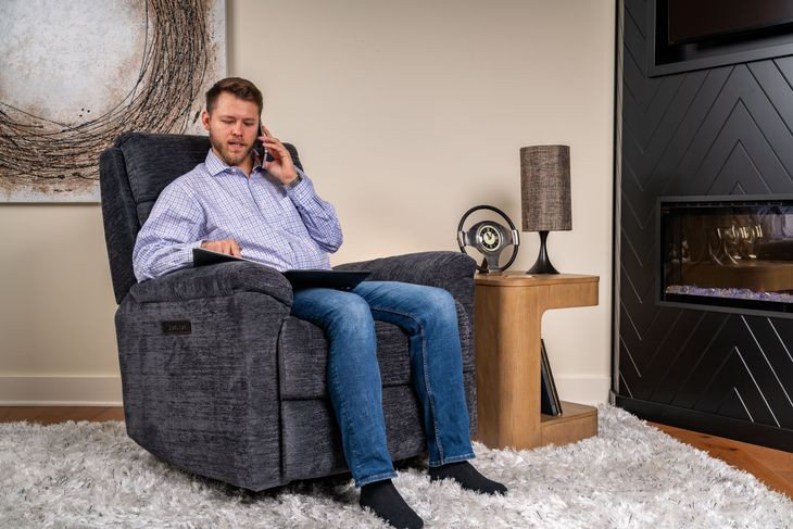 Sophisticated Steel Performance Fabric Swivel Gliding Power Recliner with Power Lumbar and USB Charging